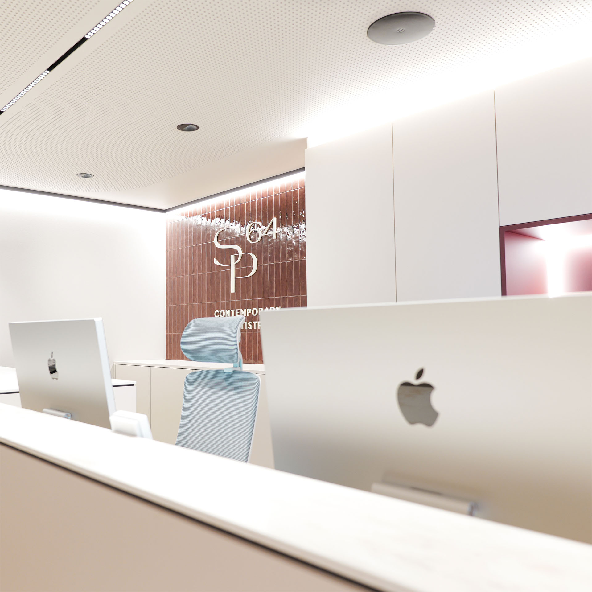 Weißes, modernes Praxis-Interieur mit SP64-Logo und Sprecharm-Schriftzug CONTEMPORARY DENTISTRY, klare Linien und Holzoptik in heller Atmosphäre.