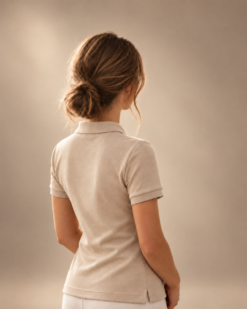 Eine Zahnärztin mit braunem Dutt und beigem Poloshirt steht mit dem Rücken zur Kamera, passend zur Praxisvorstellung von SP64.